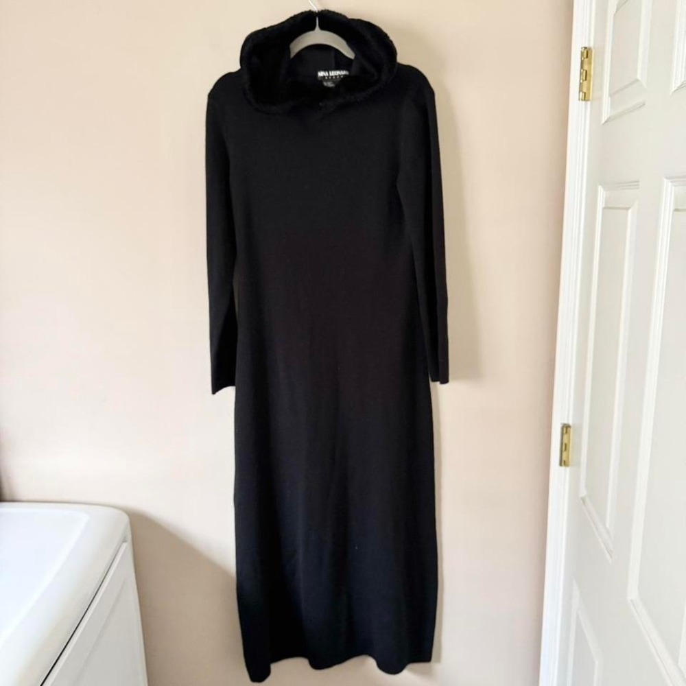 Vintage‎ Black Knit Faux Fur Hood Maxi Dress Wool